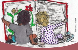 dessin d'enfants, de dos, en train de lire un gros livre